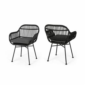 Cape Crack Orlando Grey Woven Rattan Side Chair w/ Black Metal Angled Legs and Cushions - Set of 2