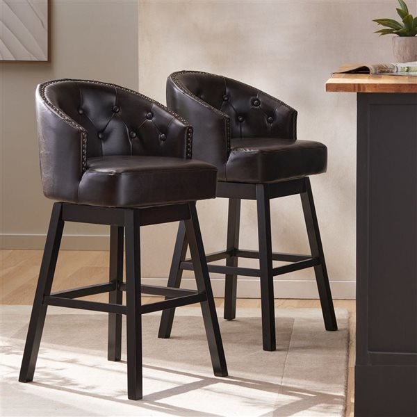 Tabourets de bar pivotants Cape Crack cuir synthétique brun/bois avec repose-pieds, lot de 2