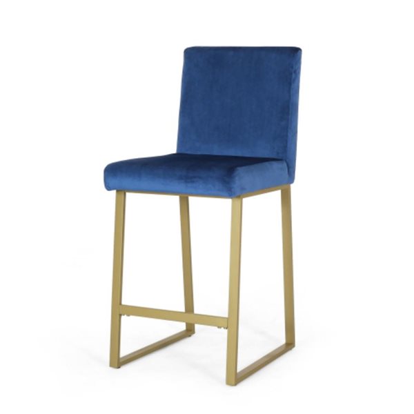 Cape Crack 17.75 W x 21.5 D x 40 H Navy Blue Velvet and Metal Legs Barstools, Set of 2