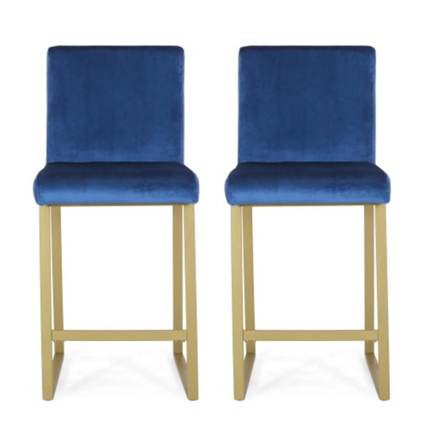 Cape Crack 17.75 W x 21.5 D x 40 H Navy Blue Velvet and Metal Legs Barstools, Set of 2