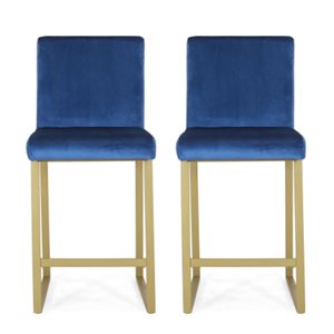 Cape Crack 17.75 W x 21.5 D x 40 H Navy Blue Velvet and Metal Legs Barstools, Set of 2