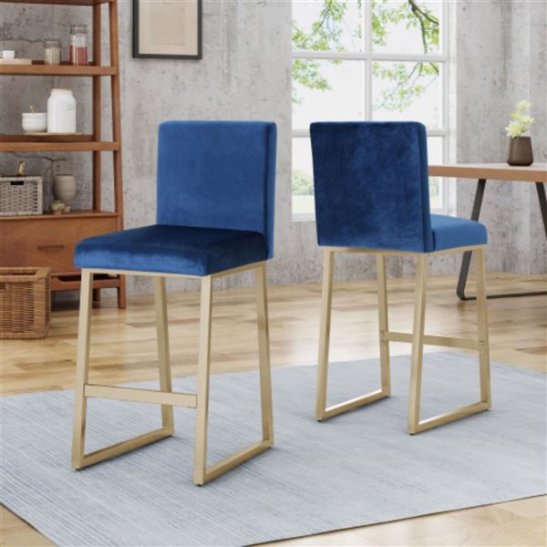 Cape Crack 17.75 W x 21.5 D x 40 H Navy Blue Velvet and Metal Legs Barstools, Set of 2