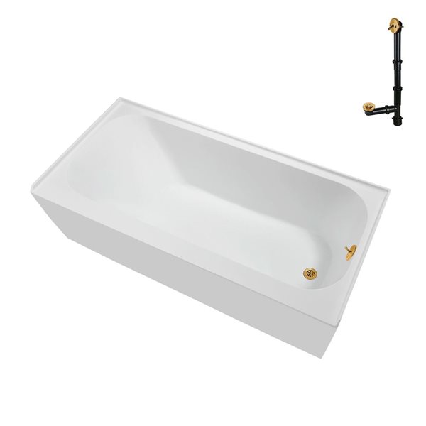 Streamline 60 x 30 x 19.3-in Glossy White Acrylic Right-Hand Drain Alcove Bathtub - External Brushed Gold Drain