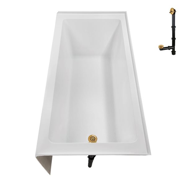 Streamline 52 gal. 66 x 32-in Glossy White Acrylic Right-Hand Drain Alcove Bathtub - External Brushed Gold Drain