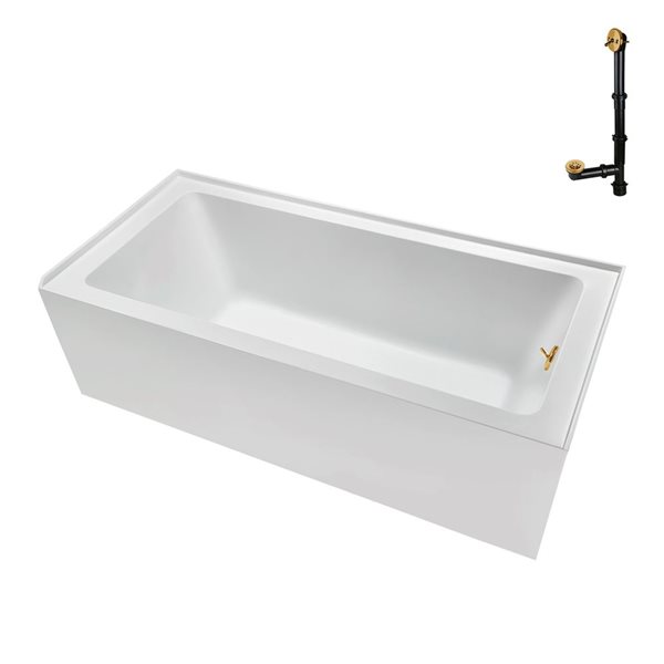 Streamline 52 gal. 66 x 32-in Glossy White Acrylic Right-Hand Drain Alcove Bathtub - External Brushed Gold Drain