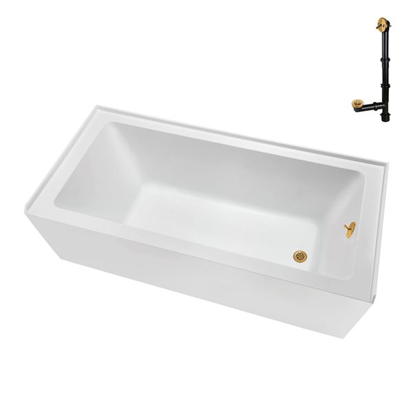 Streamline 52 gal. 66 x 32-in Glossy White Acrylic Right-Hand Drain Alcove Bathtub - External Brushed Gold Drain