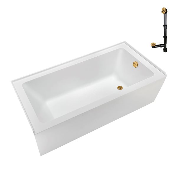 Streamline 52 gal. 66 x 32-in Glossy White Acrylic Right-Hand Drain Alcove Bathtub - External Brushed Gold Drain