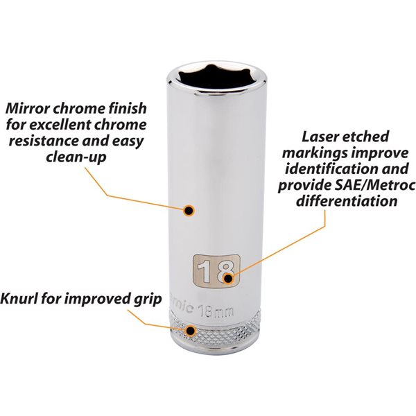 Dynamic Tools 1/2-in Drive 6 Point Metric, 28mm Deep Length, Chrome Finish Socket