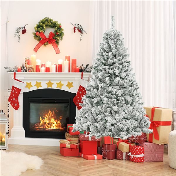 Costway 6-ft Pre-Lit Christmas Tree 3-Minute Quick Shape Flocked Décor with 300 LED Lights