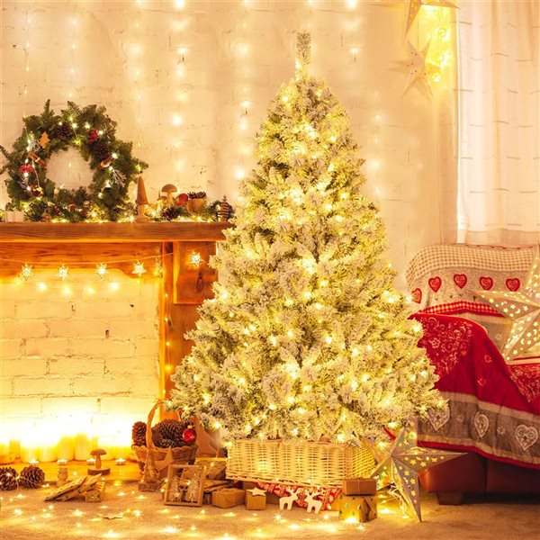 Costway 6-ft Pre-Lit Christmas Tree 3-Minute Quick Shape Flocked Décor with 300 LED Lights