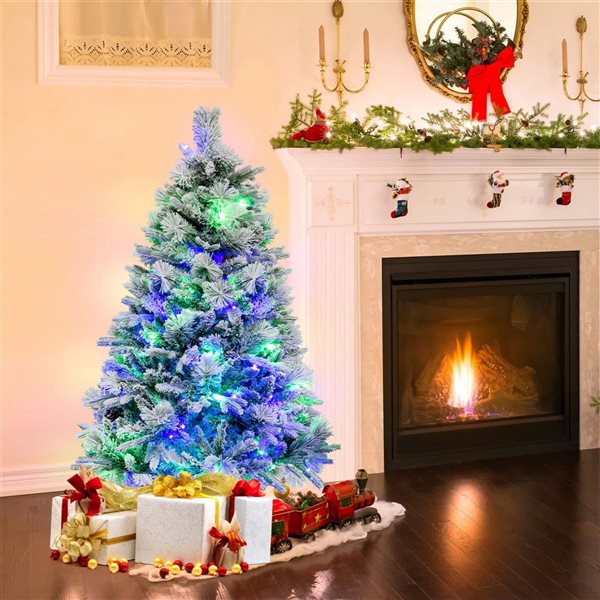 Costway 4.5-ft 8 Mode Pre-Lit Snow Flocked Christmas Tree Hinged Xmas Tree - 160 Lights