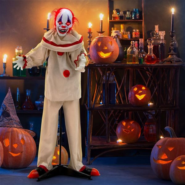 5-ft Grins Animatronic Killer Clown Halloween Decoration with Glowing Red Eyes