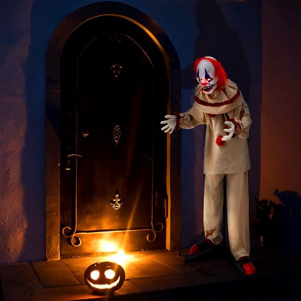 5-ft Grins Animatronic Killer Clown Halloween Decoration with Glowing Red Eyes