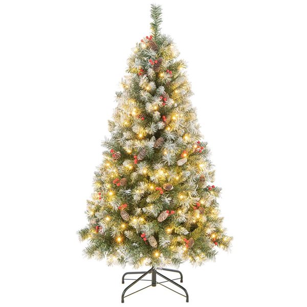 Costway 5-ft Artificial Christmas Tree Hinged w/ 200 Warm LED Lights and 126 Red Berries