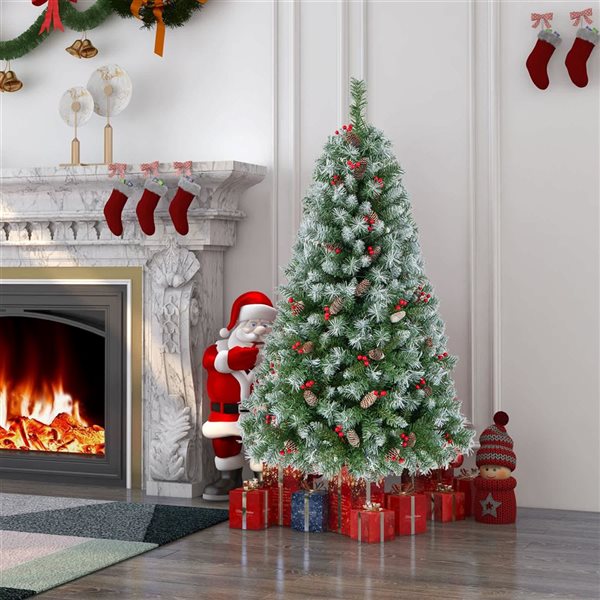 Costway 5-ft Artificial Christmas Tree Hinged w/ 200 Warm LED Lights and 126 Red Berries