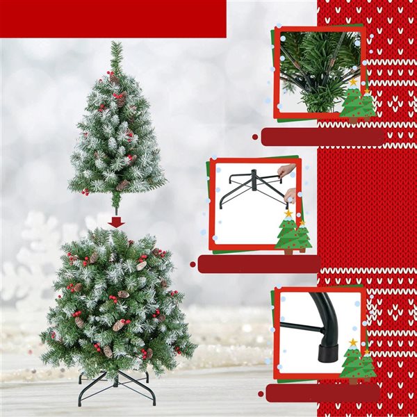 Costway 5-ft Artificial Christmas Tree Hinged w/ 200 Warm LED Lights and 126 Red Berries