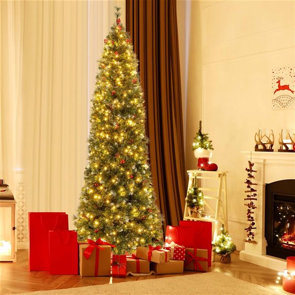 Costway 8-ft Slim Pencil Hinged Pre-Lit Christmas Tree with 420 Lights and 1168 Branch Tips