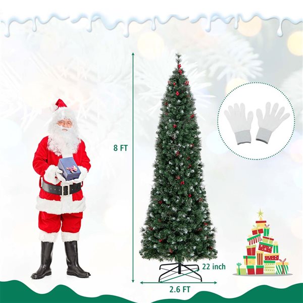 Costway 8-ft Slim Pencil Hinged Pre-Lit Christmas Tree with 420 Lights and 1168 Branch Tips