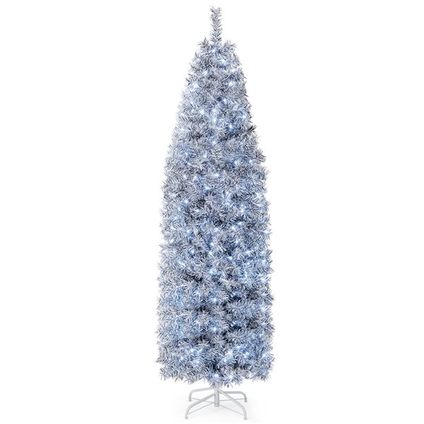 Costway 7-ft Pre-Lit Christmas Tree Hinged Slim Pencil w/ 670 Branch Tips - 350 LED Lights