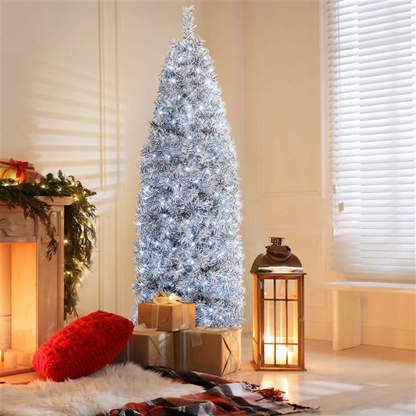 Costway 7-ft Pre-Lit Christmas Tree Hinged Slim Pencil w/ 670 Branch Tips - 350 LED Lights