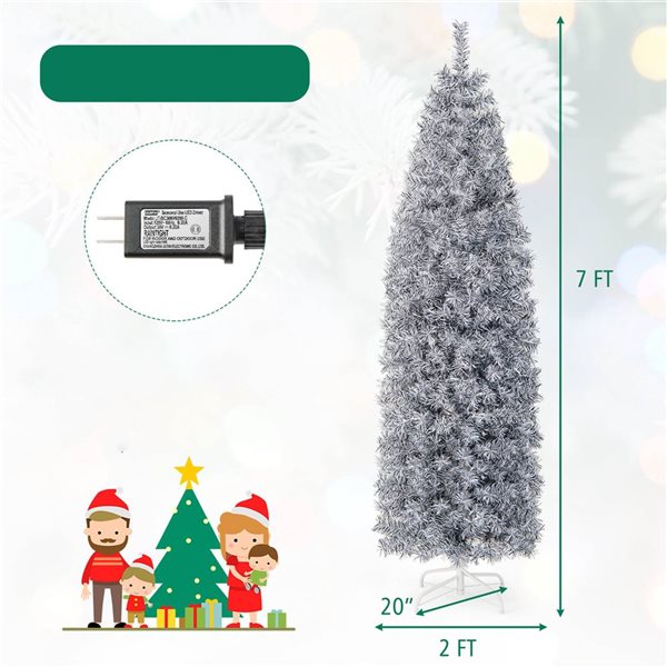 Costway 7-ft Pre-Lit Christmas Tree Hinged Slim Pencil w/ 670 Branch Tips - 350 LED Lights