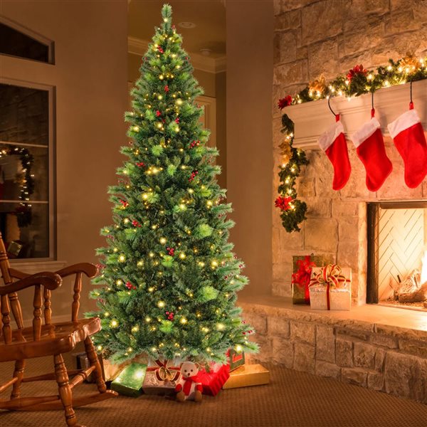 Costway 8-ft 9 Lighting Mode Pre-Lit Artificial Christmas Tree with 500 LED Lights and Timer