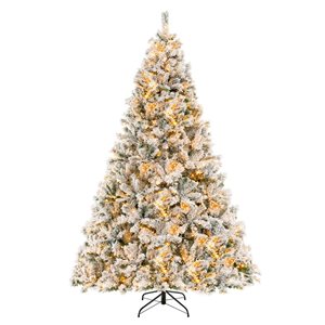 Costway 8-ft Pre-Lit Christmas Tree 3-Minute Quick Shape Flocked Décor with 600 LED Lights