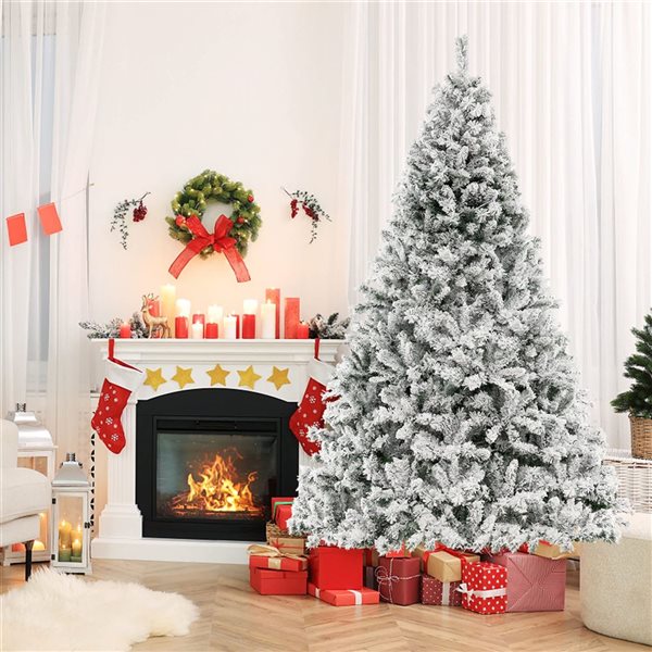 Costway 8-ft Pre-Lit Christmas Tree 3-Minute Quick Shape Flocked Décor with 600 LED Lights