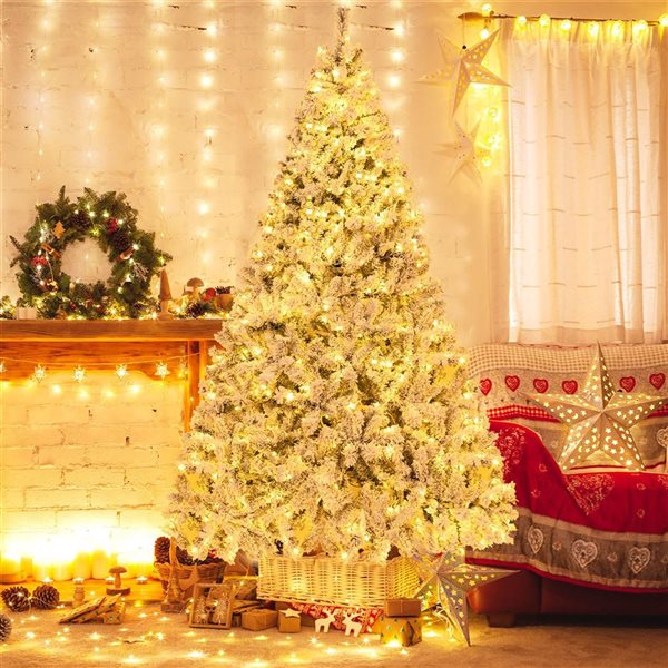 Costway 8-ft Pre-Lit Christmas Tree 3-Minute Quick Shape Flocked Décor with 600 LED Lights