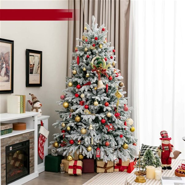 Costway 7-ft Pre-Lit Christmas Tree Snow Flocked Hinged Xmas Decoration with 450 Lights