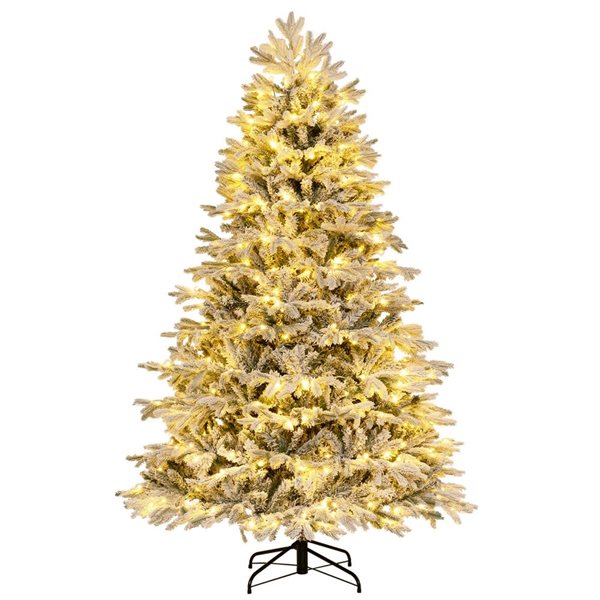 Costway 7-ft Pre-Lit Christmas Tree Snow Flocked Hinged Xmas Decoration with 450 Lights