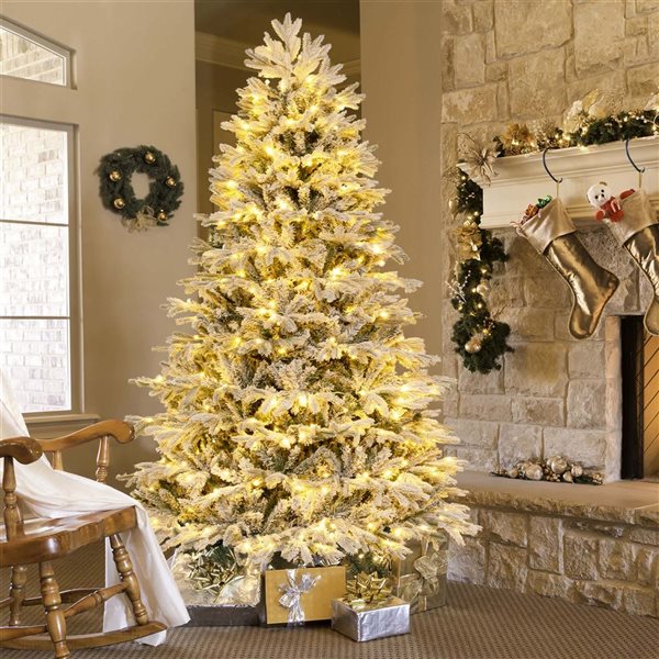 Costway 7-ft Pre-Lit Christmas Tree Snow Flocked Hinged Xmas Decoration with 450 Lights