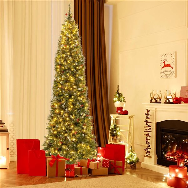 Costway 9-ft Pre-Lit Christmas Tree Slim Pencil Hinged with 500 Lights and 1298 Branch Tips