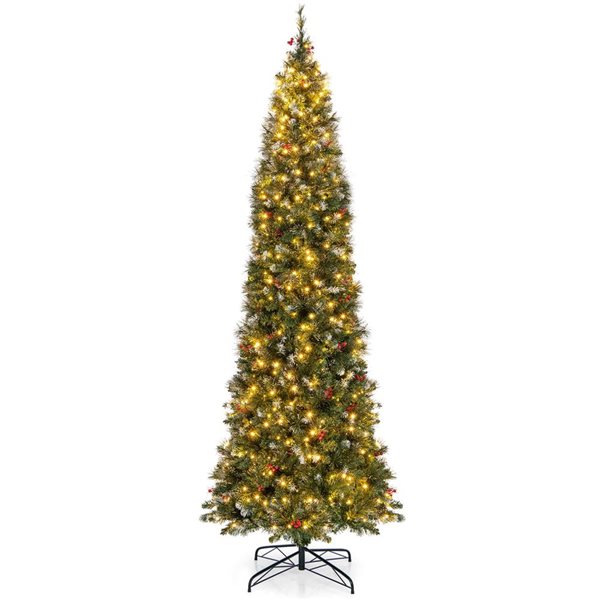 Costway 9-ft Pre-Lit Christmas Tree Slim Pencil Hinged with 500 Lights and 1298 Branch Tips