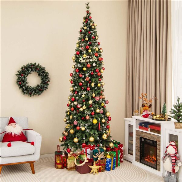 Costway 9-ft Pre-Lit Christmas Tree Slim Pencil Hinged with 500 Lights and 1298 Branch Tips