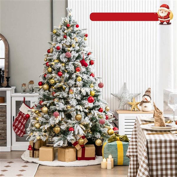 Costway 6-ft Pre-Lit Flocked Christmas Tree Hinged Xmas Decoration - 250 LED Lights