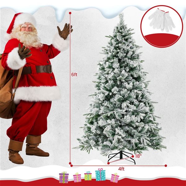 Costway 6-ft Pre-Lit Flocked Christmas Tree Hinged Xmas Decoration - 250 LED Lights