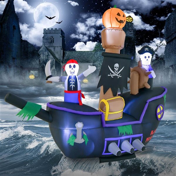 7FT Long Halloween Inflatable Pirate Ship Blow-up Skeleton Pirate Decoration