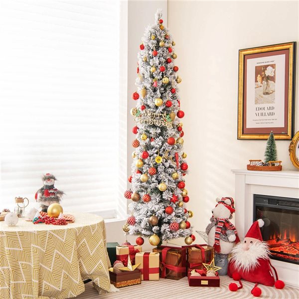 Costway 6-ft Pre-Lit Slim Christmas Tree Flocked Decoration with