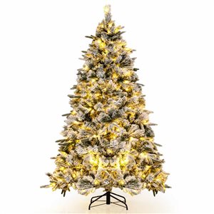 Costway 7-ft Pre-Lit Flocked Christmas Tree Hinged Xmas Decoration - 300 LED Lights