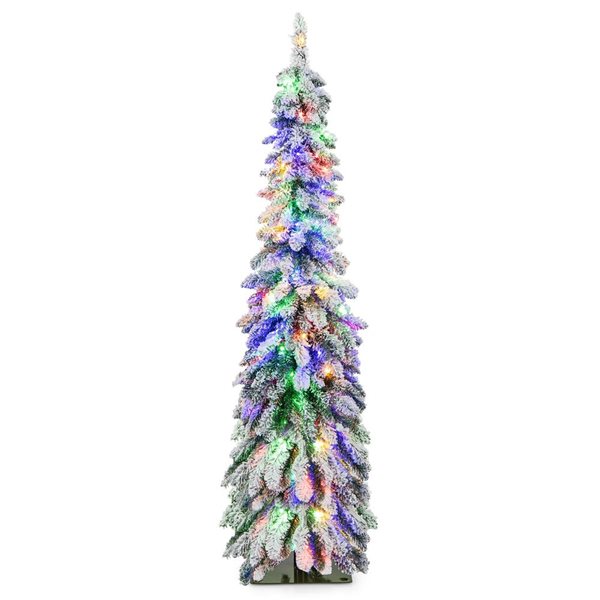 Costway 5-ft 11 Mode Pre-Lit Slim Christmas Tree Flocked Xmas Decoration - 150 LED Lights