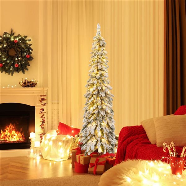 Costway 5-ft 11 Mode Pre-Lit Slim Christmas Tree Flocked Xmas Decoration - 150 LED Lights