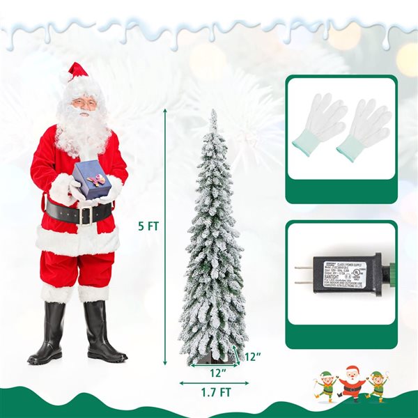 Costway 5-ft 11 Mode Pre-Lit Slim Christmas Tree Flocked Xmas Decoration - 150 LED Lights