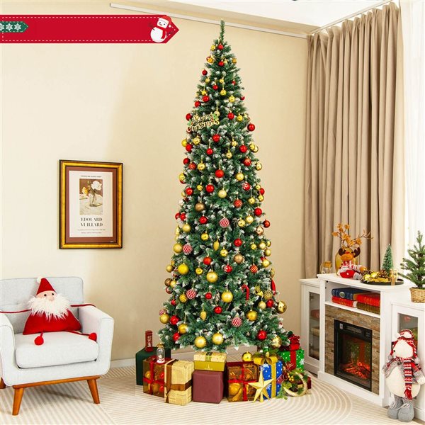 Costway 9-ft 1298 Tip Pre-Lit Christmas Tree Hinged Slim Pencil Xmas with 500 LED Lights
