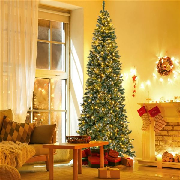 Costway 9-ft 1298 Tip Pre-Lit Christmas Tree Hinged Slim Pencil Xmas with 500 LED Lights