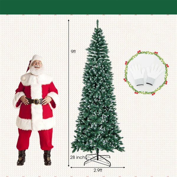 Costway 9-ft 1298 Tip Pre-Lit Christmas Tree Hinged Slim Pencil Xmas with 500 LED Lights