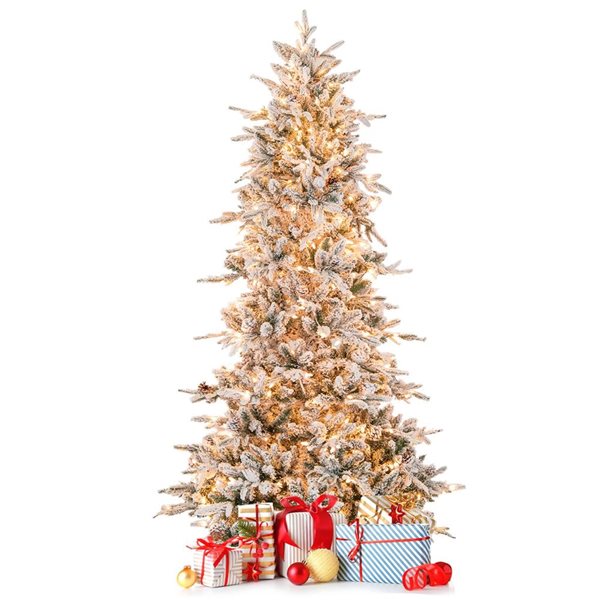 Costway 7.5-ft Pre-Lit Snow Flocked Hinged 1107 Branch Tip Christmas Tree - 350 Lights