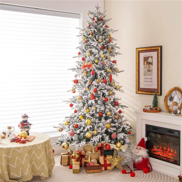 Costway 7.5-ft Pre-Lit Snow Flocked Hinged 1107 Branch Tip Christmas Tree - 350 Lights