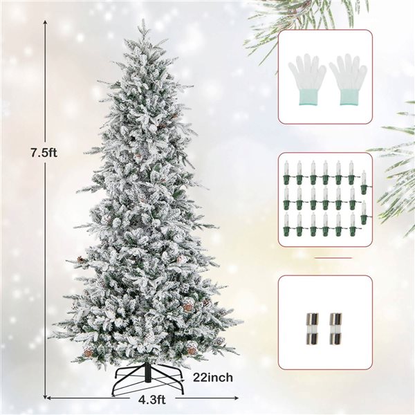 Costway 7.5-ft Pre-Lit Snow Flocked Hinged 1107 Branch Tip Christmas Tree - 350 Lights