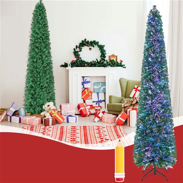 Costway 8-ft Pre-Lit Artificial Xmas Tree with Colourful Fibre Optics and 889 PVC Branch Tips